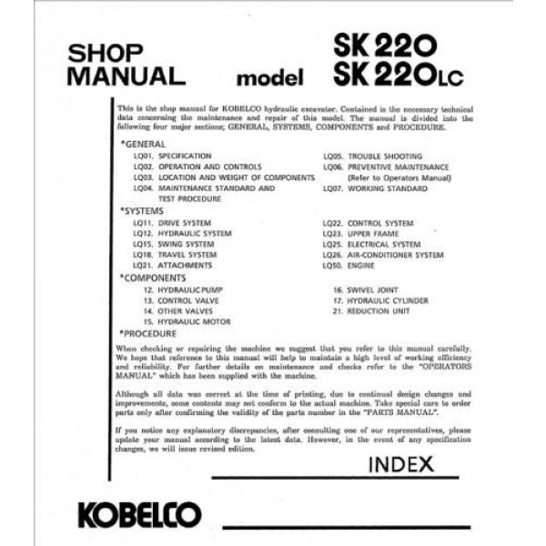 Kobelco SK220 LC V LCV Hydraulic Excavator Shop Service Manual #1 image